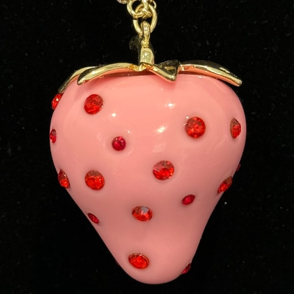 Betsey Johnson Pink Strawberry Red Rhinestone Long Necklace Gold Tone - Picture 9 of 9